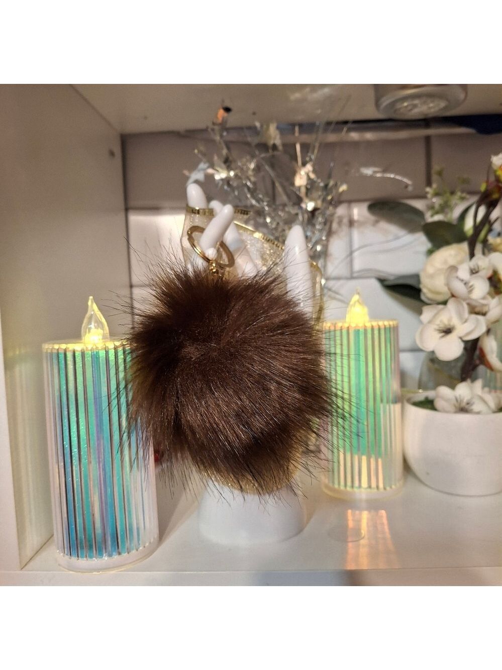 Faux Fur Pom Pom Bag Charm Keyring. Luxury Handmade Bag Jewelry Chocolate